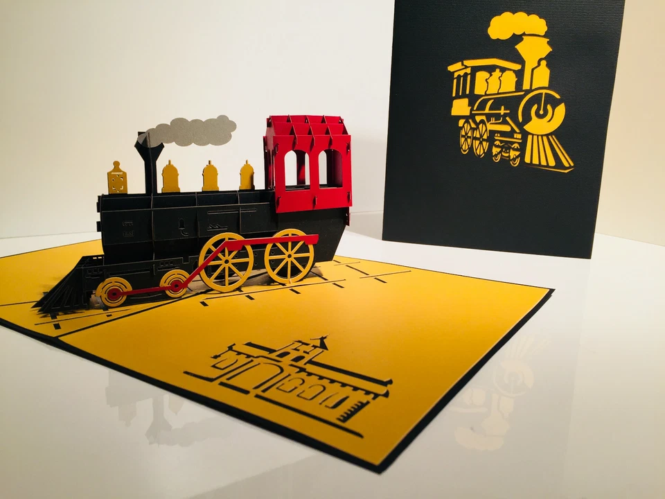 Tarjetas Pop Origami Dorado y Negro Locomotora Tren 3D Pop Up Tarjeta de Felicitación Cumpleaños Foto 3 de 4