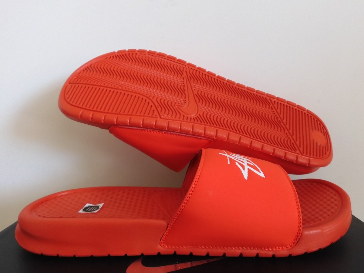 MENS NIKE X STUSSY BENASSI SLIDES SANDALS HABANERO RED-WHT SZ 13  [CW2787-600]