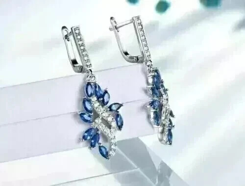 3Ct Marquise Cut Lab Created Sapphire Drop/Dangle Earrings 14K White Gold Plated - Picture 5 of 7