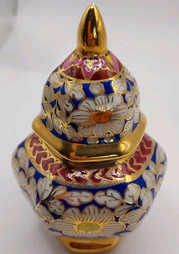 Vintage Porzellan Ingwerglas Urne Vase mit Deckel handbemalt 4" Gold vergoldeter Rand - Mini - Bild 2 von 6