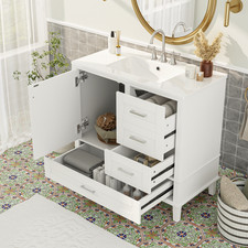 36" White Bathroom Vanity with Solid Pine Frame, 1 Soft Close Door and 3 Drawe