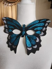 BLUE GLITTER BUTTERFLY HALF MASK Mardi Gras Halloween Costume. Masquerade Black