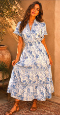 New!  MAX STUDIO White/Blue Floral Bird TOILE Print BOHO Tiered Maxi Dress S 4 6