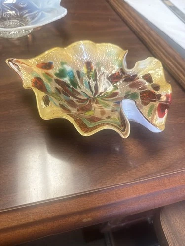 Vintage Murano Style Art Glass Dish – Multicolor Bullicante Ruffled Bowl