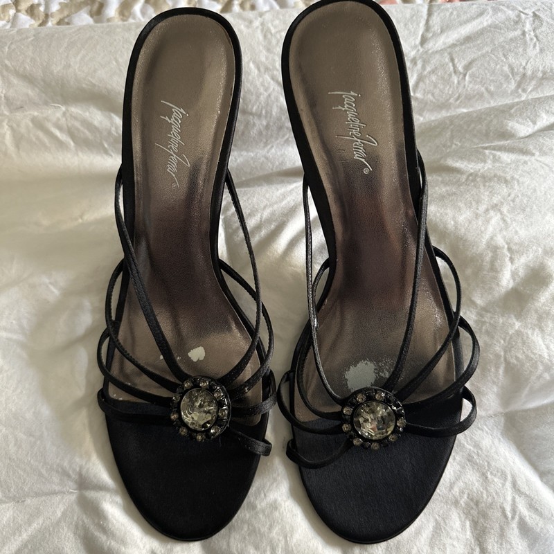 Jacqueline Ferrar 3 1/2”  HEELS BLACK Fabric Straps WITH Stones ON FRONT 8 1/2M
