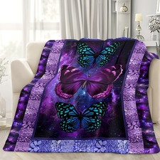 Purple Galaxy Butterfly Trio Dreamy Flannel Throw Blanket ,Soft for Bed ,Camping
