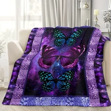 Purple Galaxy Butterfly Trio Dreamy Flannel Throw Blanket ,Soft for Bed ,Camping