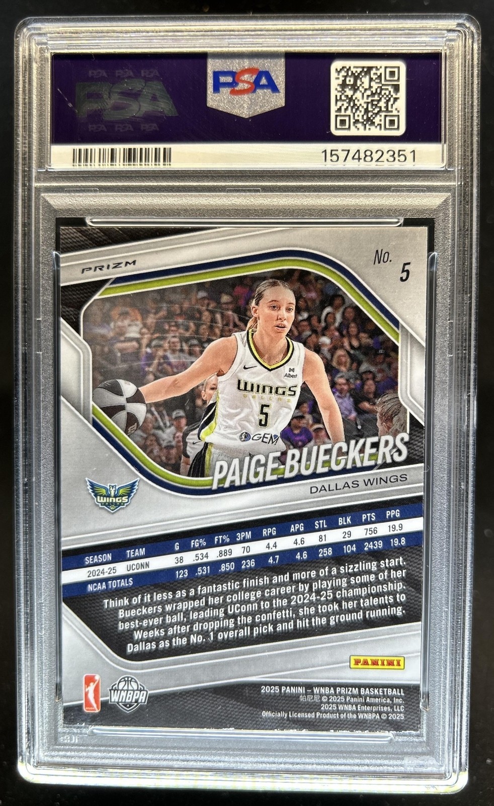 2025 Panini WNBA Prizm Paige Bueckers RC Ice Rookie #5 Wings PSA 9 view 2