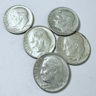 ROOSEVELT SILVER DIMES LOT OF 5 90% SILVER CIRCULATED COINS FREE SHIPPING #9834