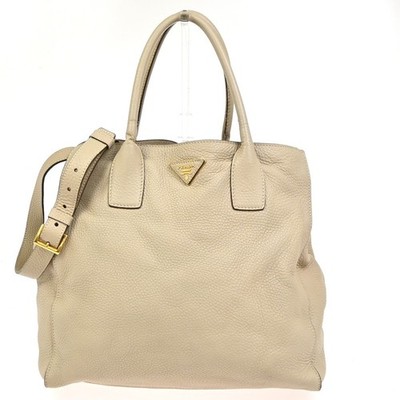 PRADA Logo Large 2Way Shoulder Hand Tote Bag Leather Beige GHW Italy 80KC640