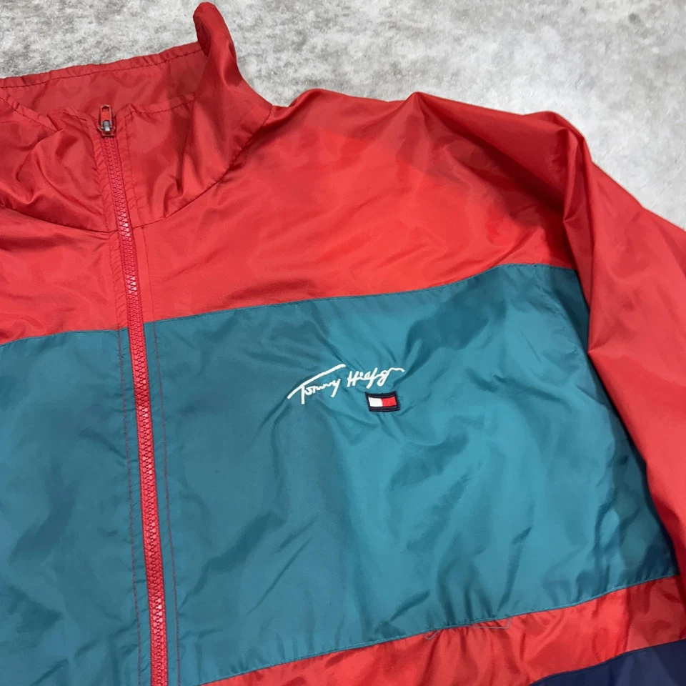 Vintage Tommy Hilfiger Jacket Mens XL Red Nylon Colorblock Windbreaker 90s - Image 3 of 4