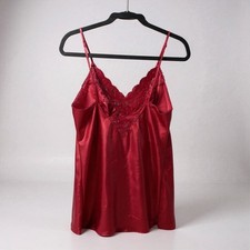 Victoria's Secret Red Satin Lace Trim Camisole Nightgown Slip
