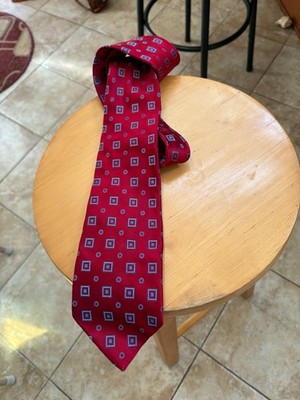 Beau Brummel Soho 100% Silk Handmade Red Ground Geometric Tie. 60'' Long.