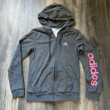 Adidas Gray Zip Up Hoodie Pink Logo Sleeve Graphic Women's XS