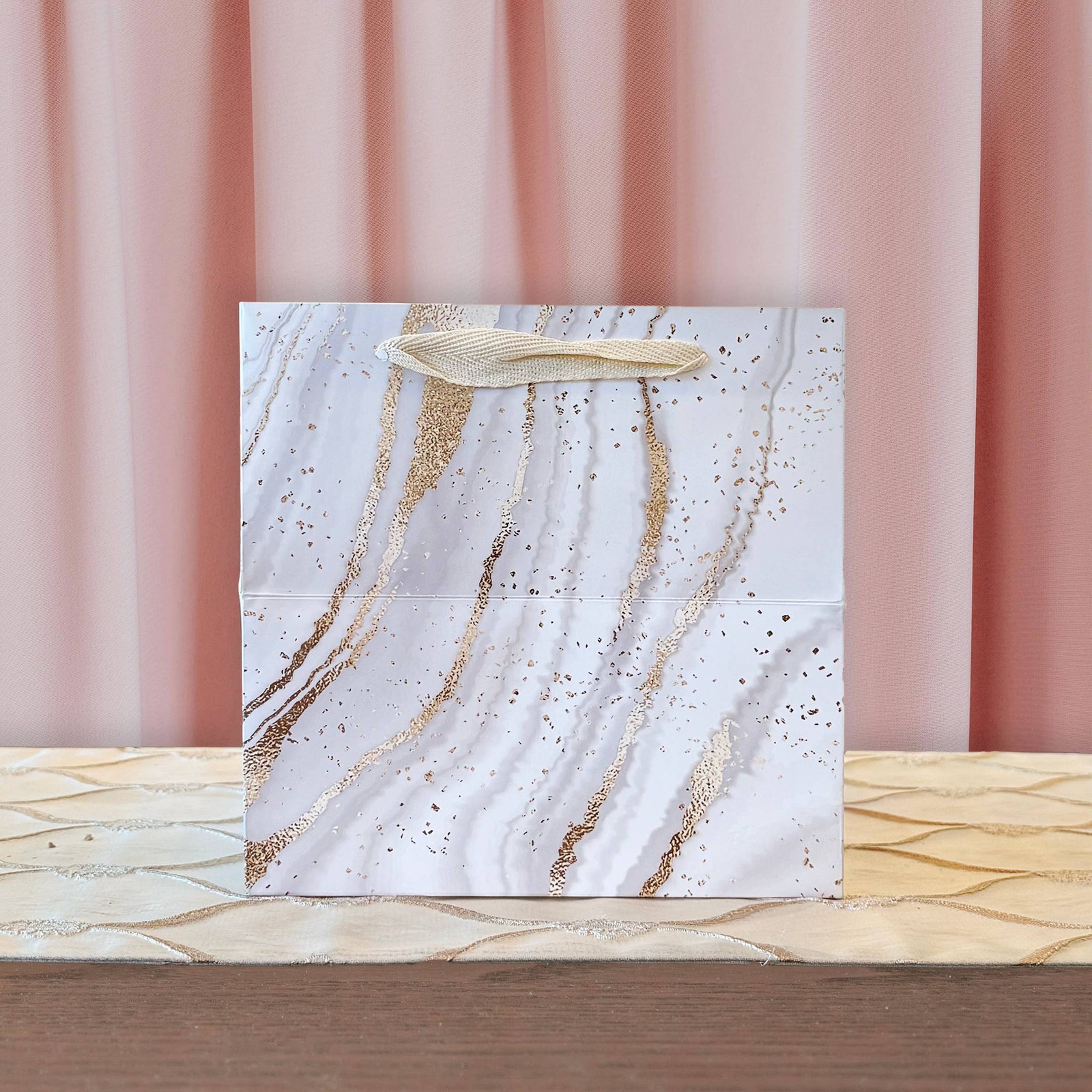 Gold Glitter Print Pattern Marble Square Gift bag w/ Tissue- Small