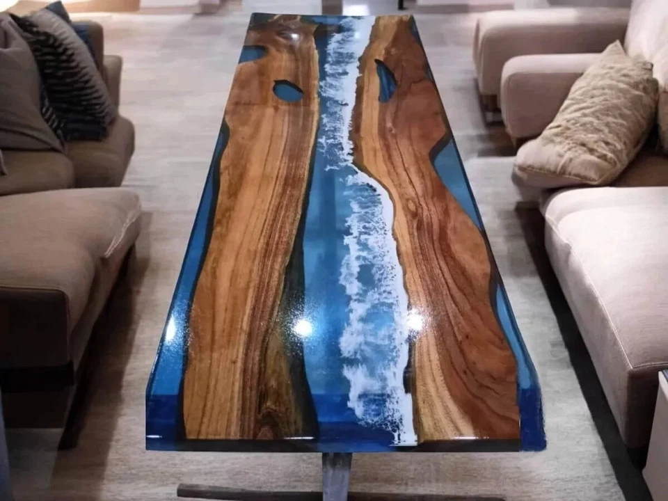 Ocean Epoxy Wooden Resin Table Top, Live Edge Center Table Top Decor Art - Image 2 of 4