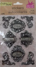 Crafter's Square 8 Puffy Stickers Frames Love Hope Silver Scrapbooking Sticker