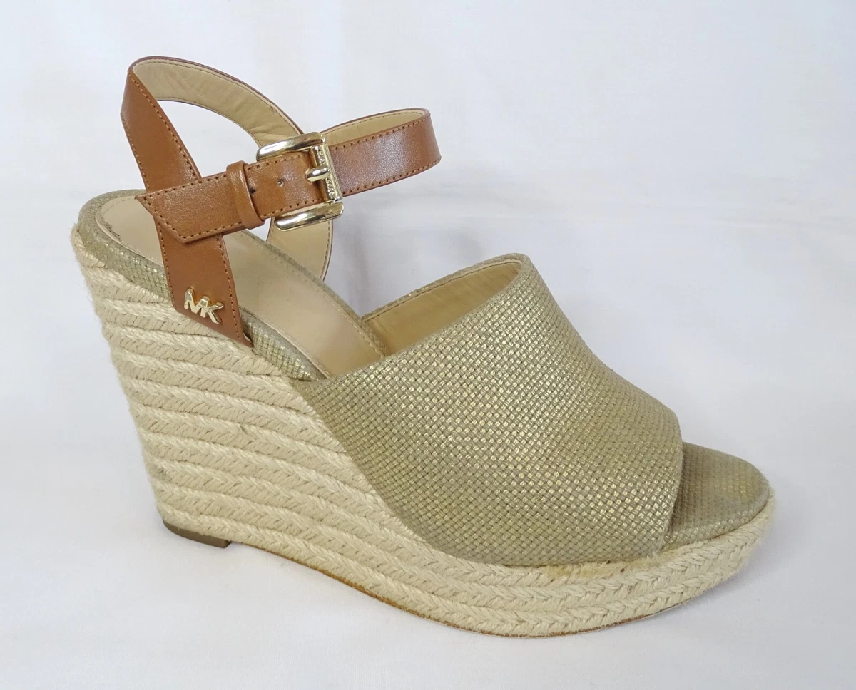 MICHAEL KORS Metallic Espadrille Wedge Gold Open Toe Sandal Sz