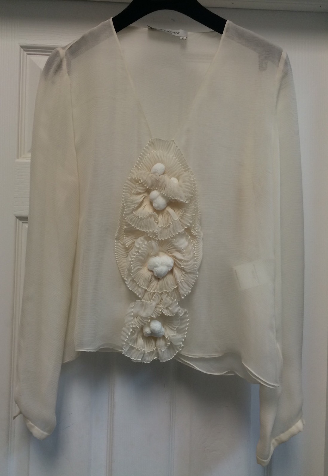 Camicia YSL Yves Saint Laurent bianco massiccio seta ricamata fiori taglia S