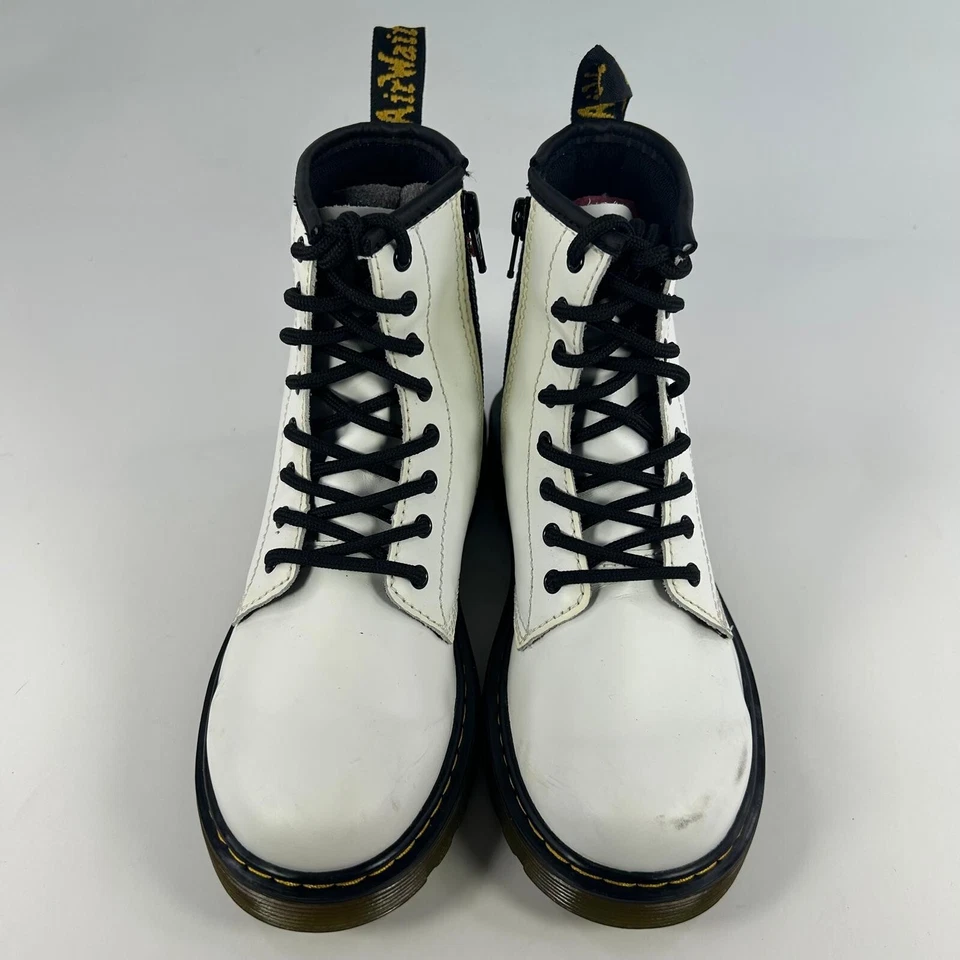 Botas de Combate Dr. Martens Jóvenes EE. UU. 3 Niños Con Cordones Cremallera Lateral Cuero Blanco 1460J Foto 3 de 4