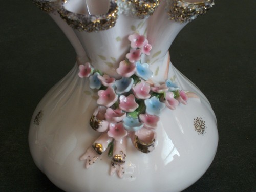 Vintage Lefton Spaghetti Goldrand handbemalt Floral eingeklemmt Rüschen Vase rosa - Bild 3 von 4