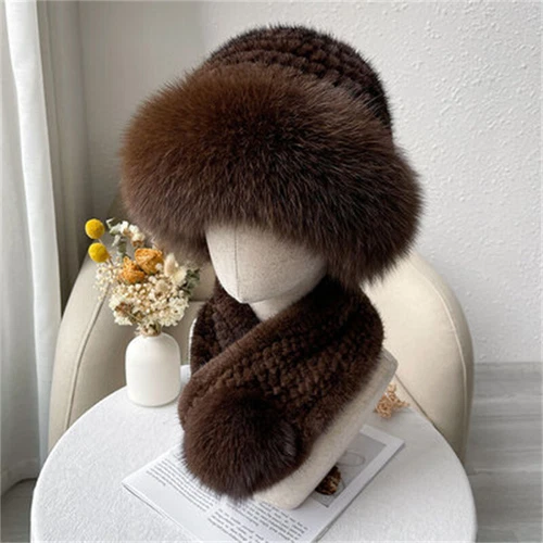 Cappello donna pelliccia visone + vera pelliccia visone vera sciarpa berretto lavorato a maglia berretto sci elasticizzato - Foto 14 di 22