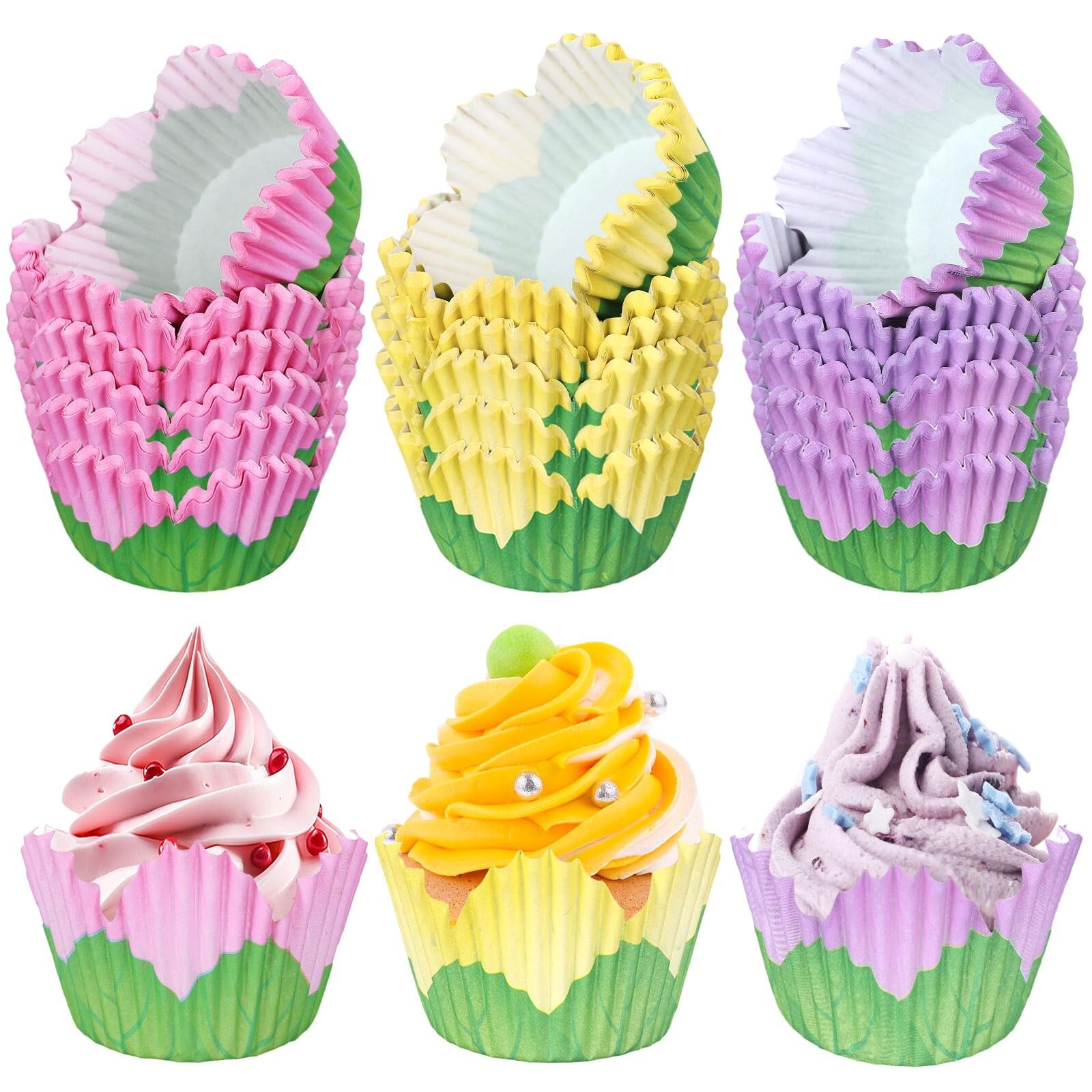 300Pcs Flower Cupcake Liners Spring Summer Flower Baking Cups Pink Purple Yel...