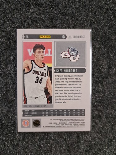 2022-23 Panini Chronicles Draft Picks - Luminance #26 Chet Holmgren (RC) - Picture 2 of 2