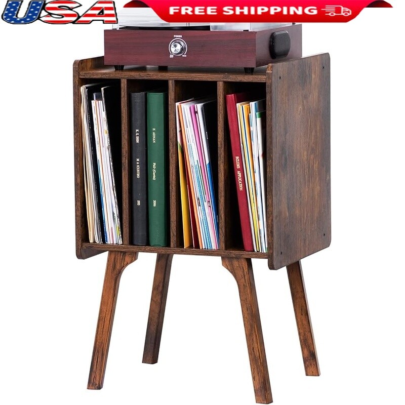 Mid century wood vinyl record player stand with turntable storage shelf in brown-image