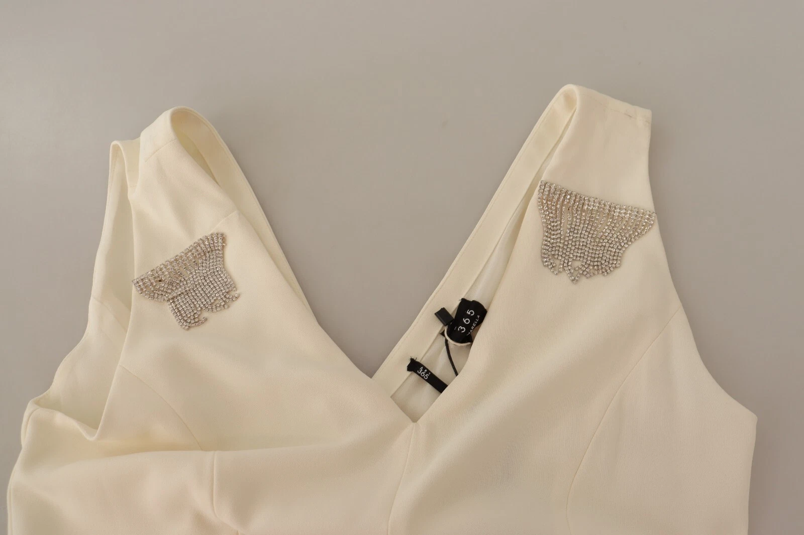 OFF WHITE Abito MARELLA Bianco Abbellito Collo a V A line Midi IT44 US10 L Prezzo di acquisto $300