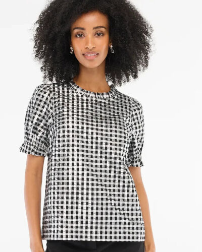 NWT J CREW Silver & Black Shiny Gingham Check Puff Short Sleeve Top L
