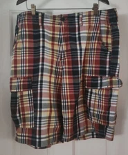 The Foundry Supply Co Cargo Shorts Mens Size 44 Plaid Navy Red Yellow Big & Tall