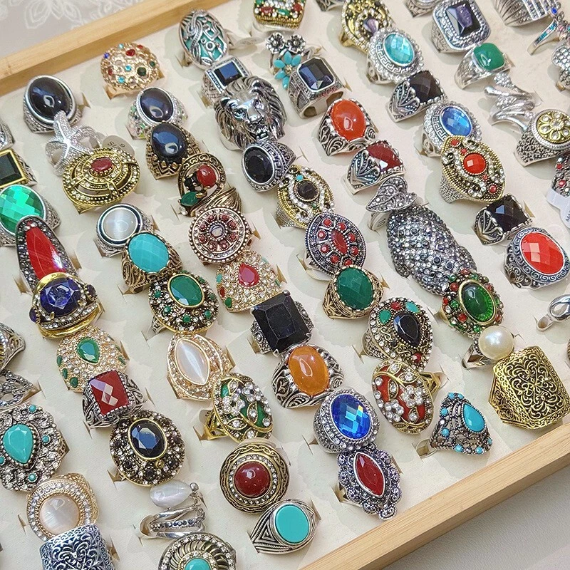 Lote de 50 piezas al por mayor anillo de joyería de metal estilo mezcla de piedras de cristal vintage hombres mujeres Foto 3 de 4