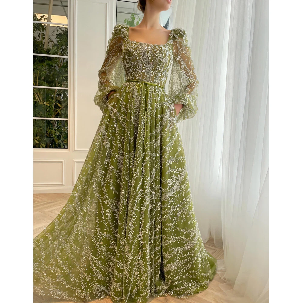 Green Long Sleeves Lace Satin Long Prom Dresses, Green Lace Formal Dre –  Shiny Party