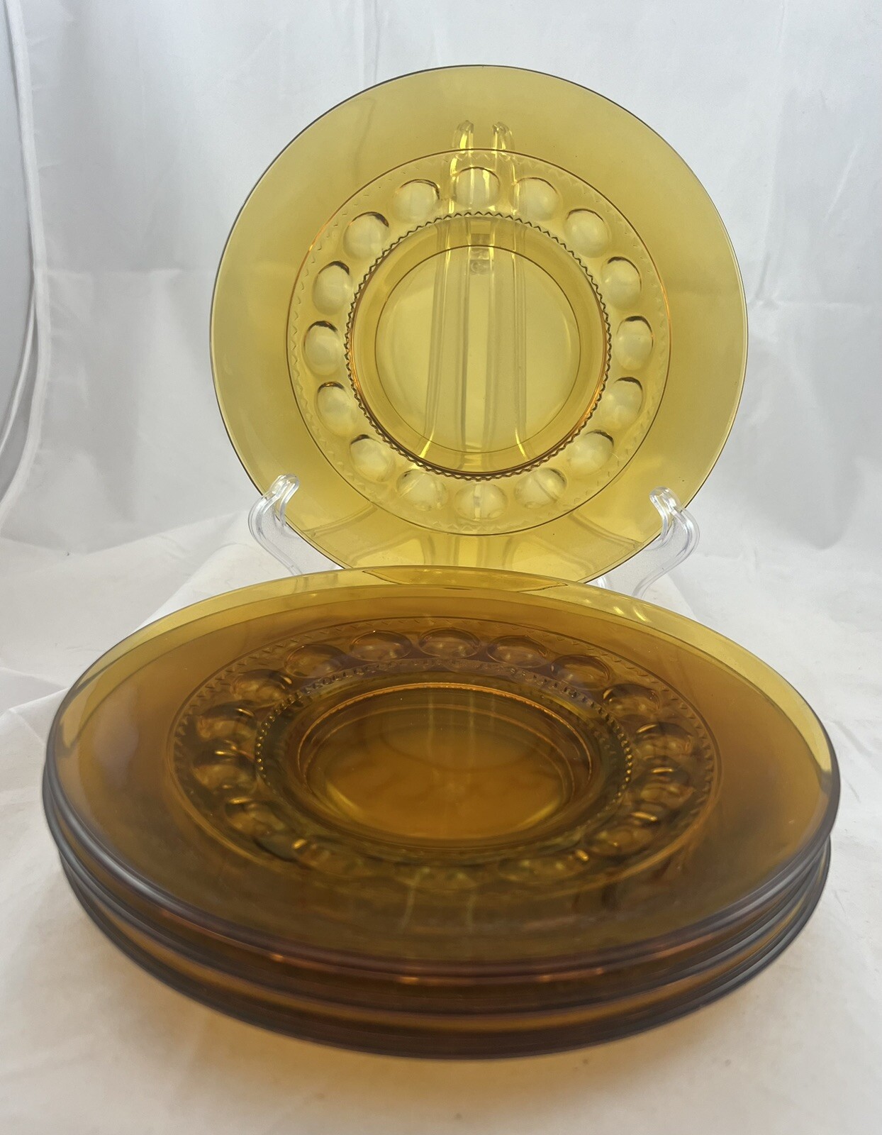 Set of 4 Indiana Glass Kings Crown Thumbprint Amber Glass Salad Plates
