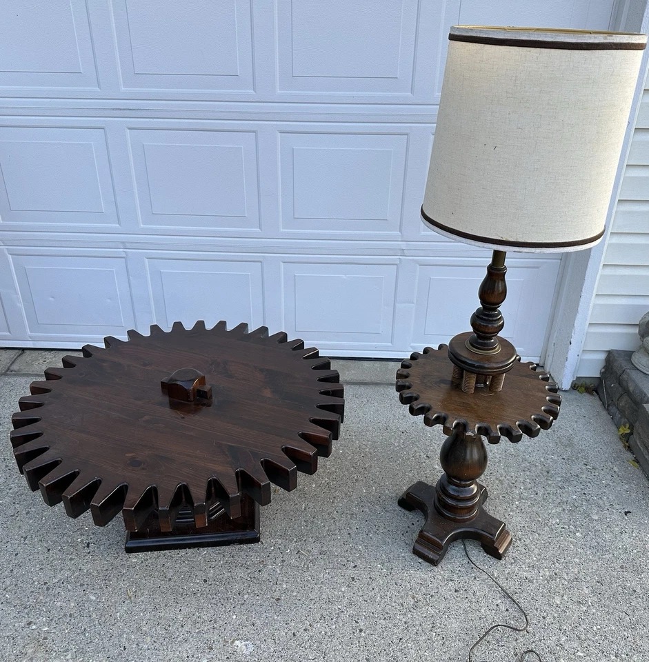 Lámpara de mesa de pino antiguo vintage de los años 70 Ethan Allen Gear Cog Wheel - solo luz Foto 3 de 3