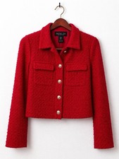 Rachel Zoe Red Tweed Cropped Jacket Small Gold Button Designer Chic