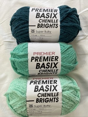 PREMIER BASIX CHENILLE BRIGHTS YARN LOT OF 3 SKEIN TEAL BLUE CARIBBEAN MINT
