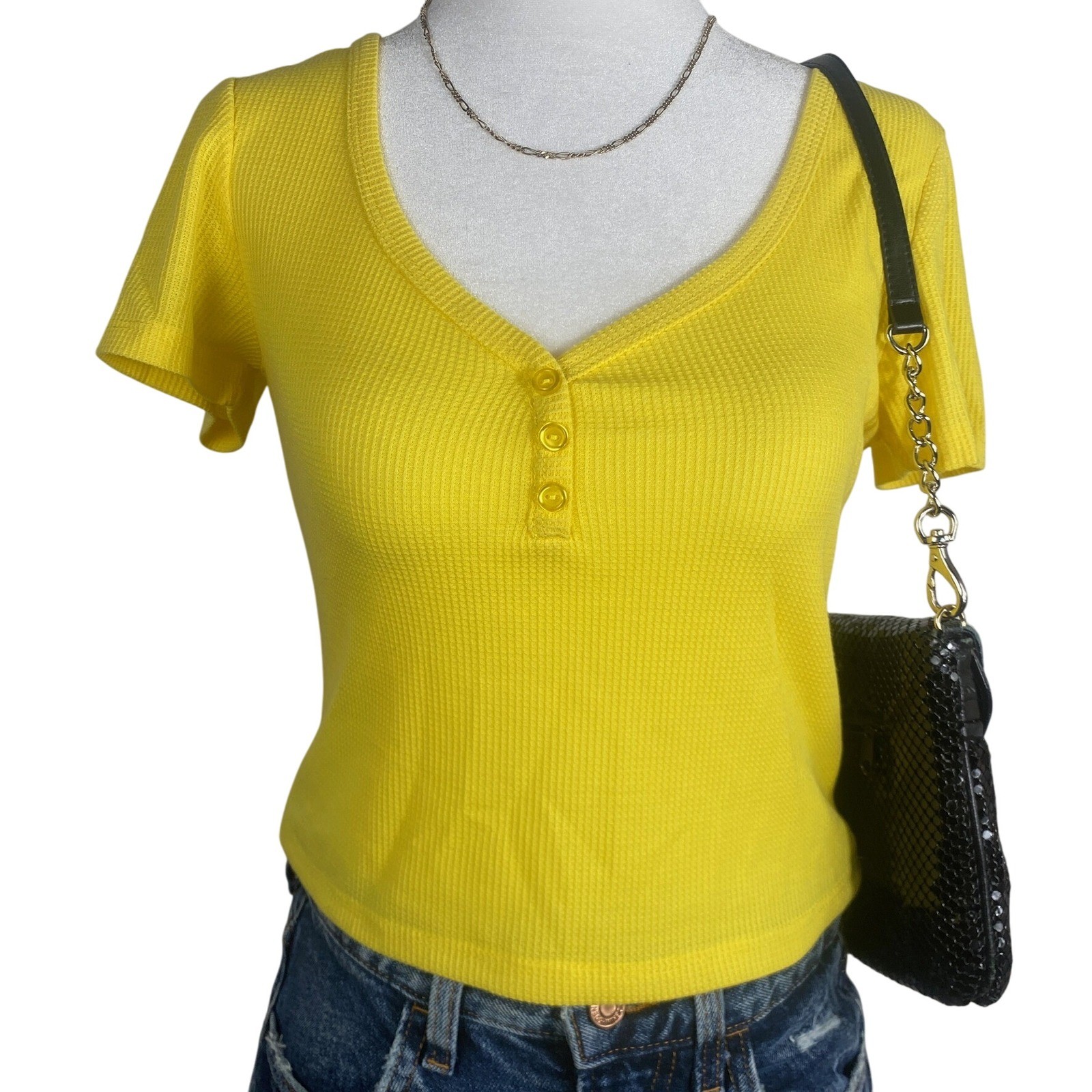 Yellow Y2K Ribbed Henley Crop Top - Women's Small Fitted Babydoll Tee-image