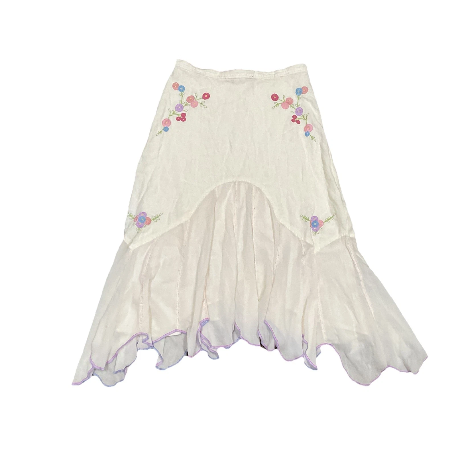 J Jill Long Handkerchief Hem Skirt Embroidered Flower Linen Bohemian Boho Size 8
