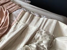 Pair of Dusky Pink Shot Silk Curtains with trim 88” drop x 88” wide per panel