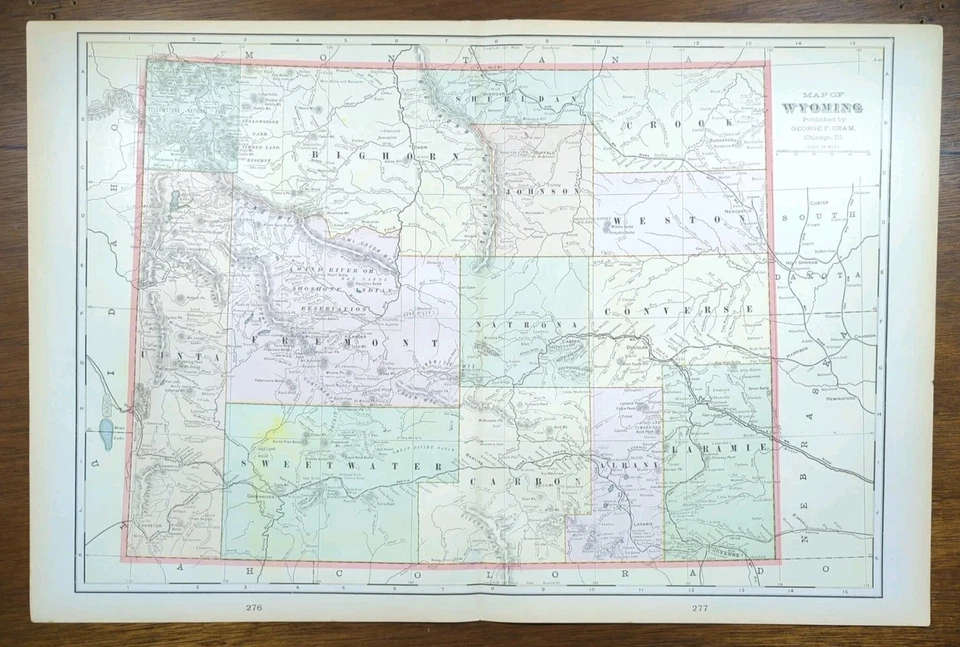 Mapa WYOMING 1901 22"x14" ~ Antiguo Antiguo Original CASPER CODY CHEYENNE WY Foto 2 de 4