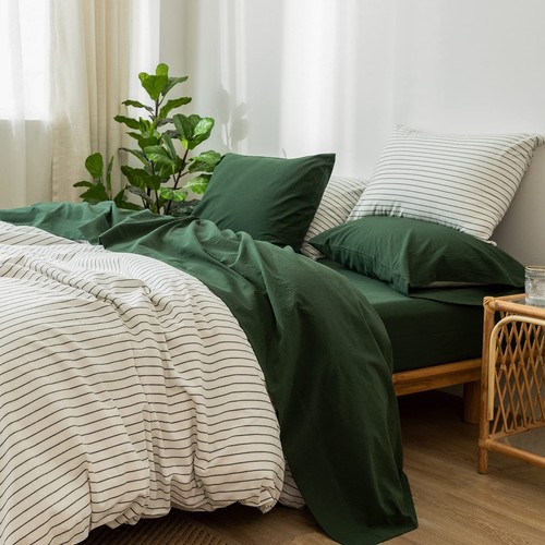 MooMee Bedding Sheet Set 100% Washed Cotton Linen Like Textured Breathable Du...