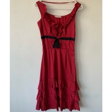 Vintage Prada Ribbon Tie Ruffle Cotton Sleeveless Midi Dress Red Black