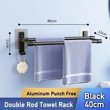 Black Double Towel Bar No Drill Wall Mount Bathroom Rack Holder Space Saver Plus