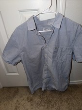 Lacoste Men  s Blue White Striped Short Sleeve Button Down Shirt Crocodile Pocket