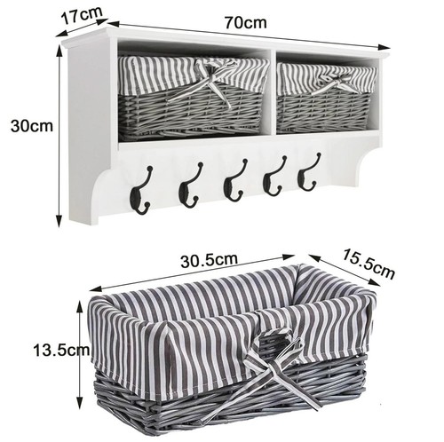 Wall Mounted Coat Rack White Shelf with 2 Grey Wicker Baskets & 5 Double Hooks - Picture 7 of 7