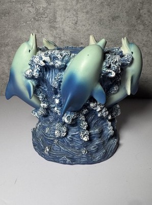 Dolphin Themed Blue & White Resin  Candle Holder Ocean Waves Base