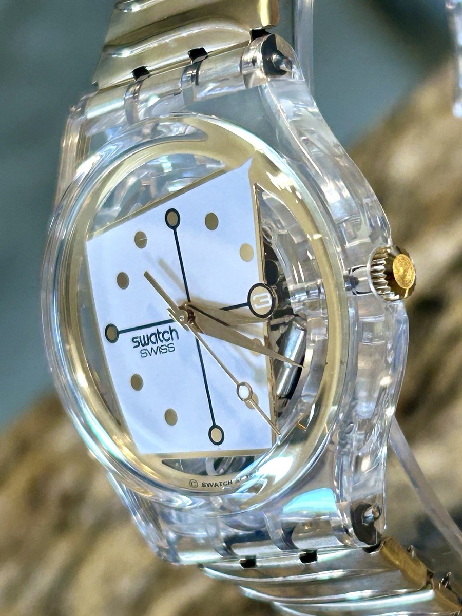 Swatch GK183 MANNEQUIN 1995 NOS Clear Case Date Watch + Box New