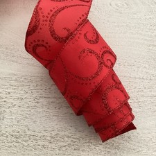 5 YARDS CHRISTMAS RED SHIMMER PRINT WIRED EDGE RIBBON,  2 1/2" Wide